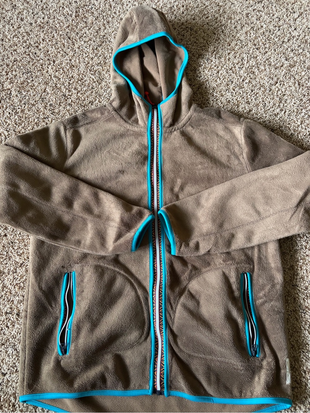 Mens koto Brown Fleece Hooded Jacket with Turquoise Trim